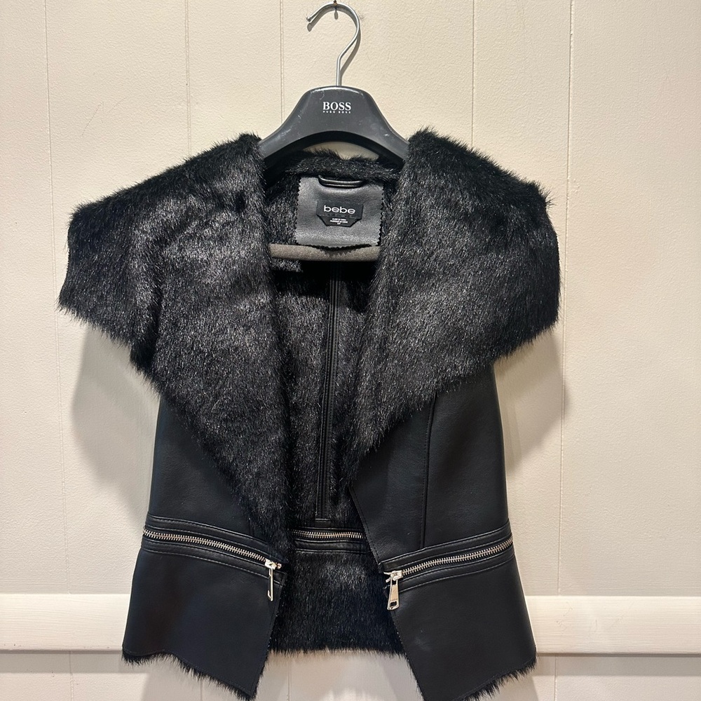 Bebe Black Faux Fur Trim Vest